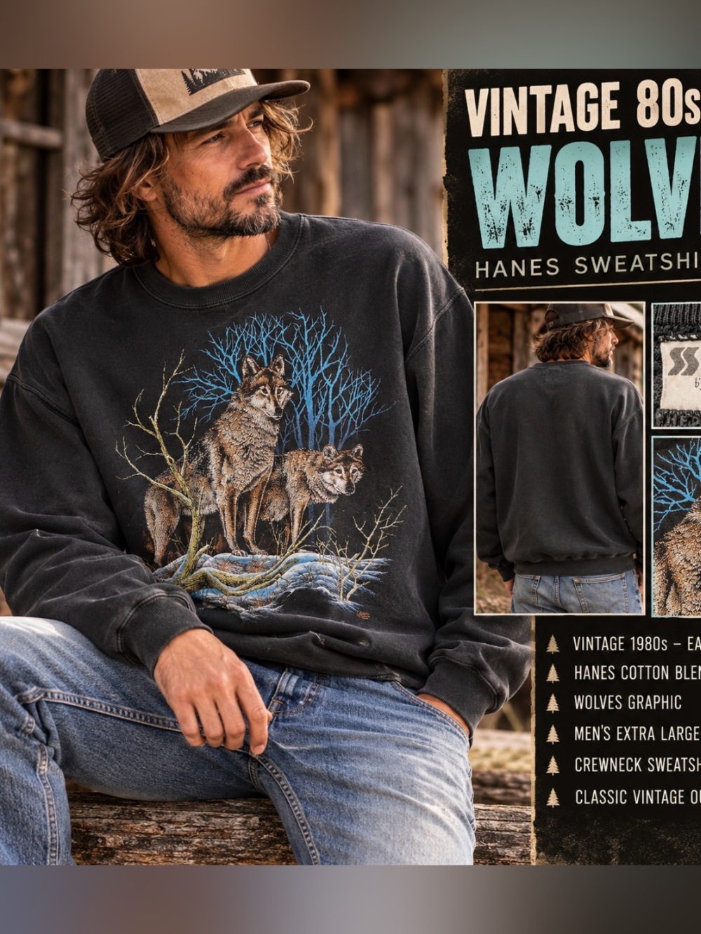 Vintage 80s- Lee Sturdy Serats- wolf print sweatshirt- pullover/ cotton blend-XL